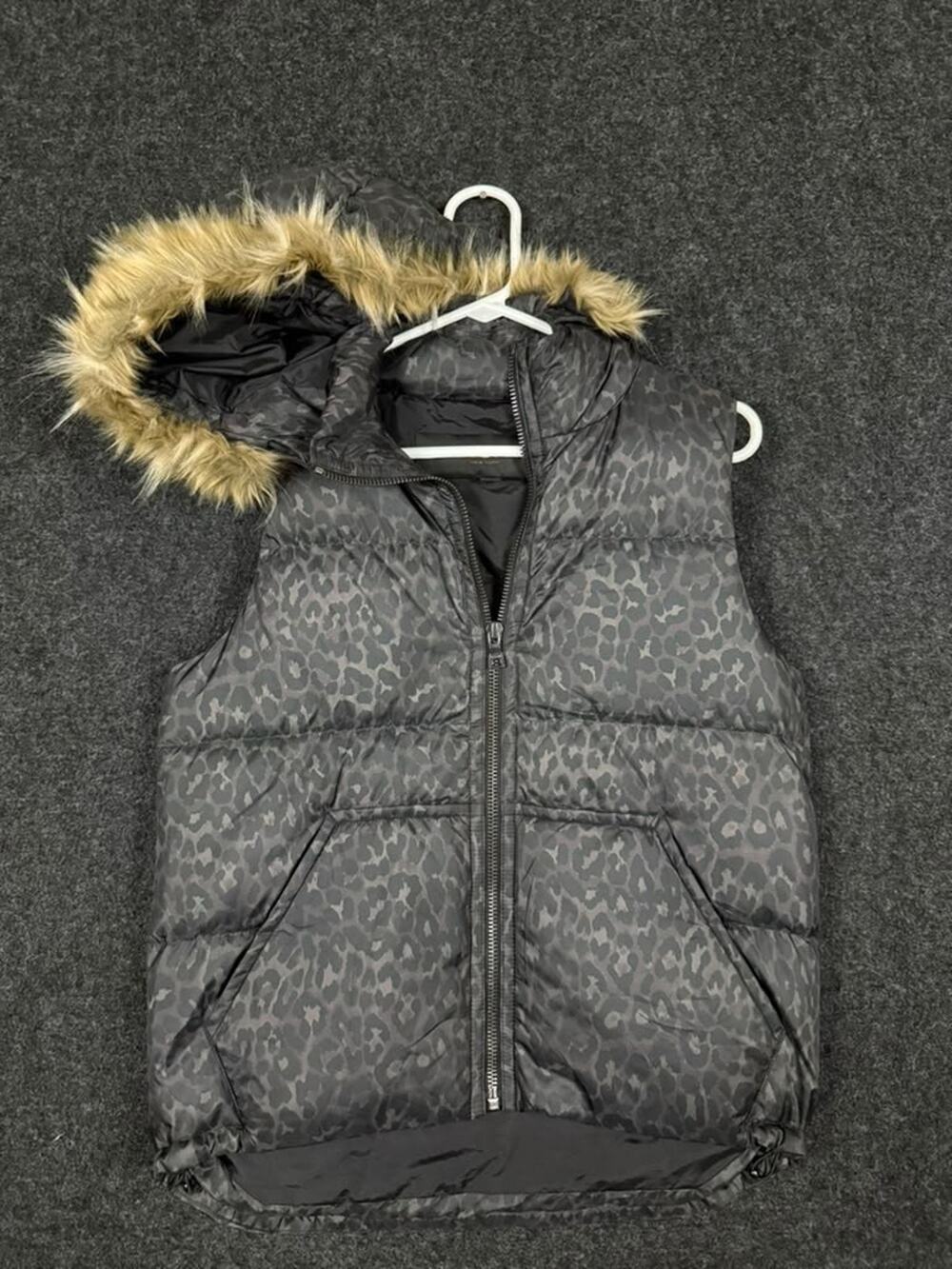 Coach Women's Leopard Print Down Puffer Vest Fur Hood Small